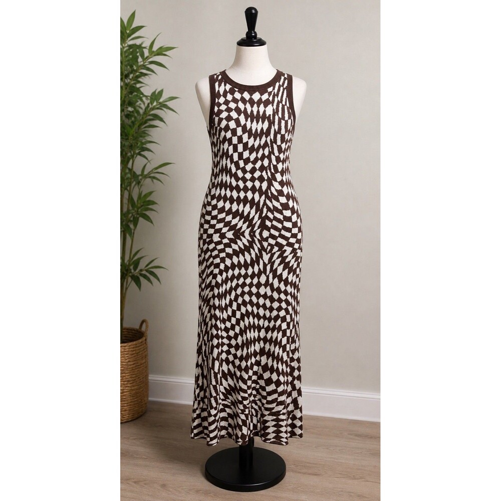 Wild Fable Brown White Knit Maxi Dress Sz L Cotton Optical Abstract Y2K Retro